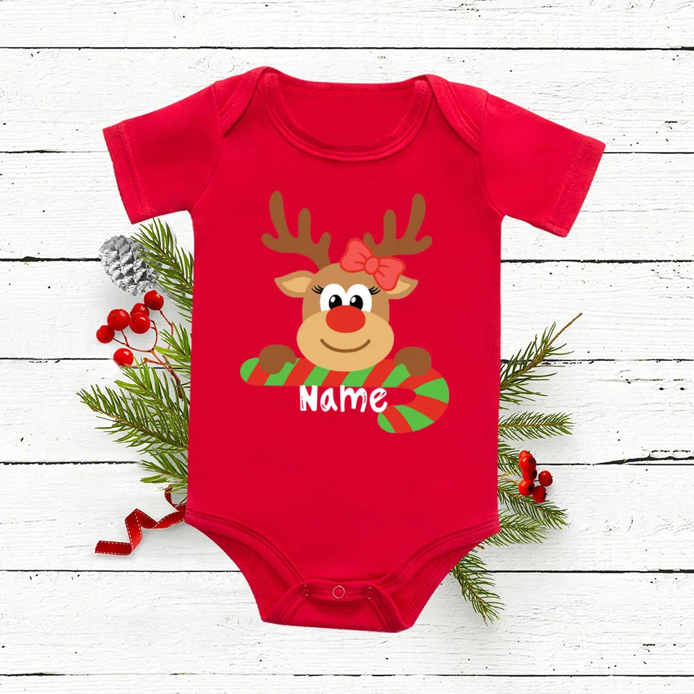Personalized Baby Christmas Romper Deer with Name Newborn Bodysuit Infant Red Cotton Junpsuit Toddler Xmas Outfit Clothes