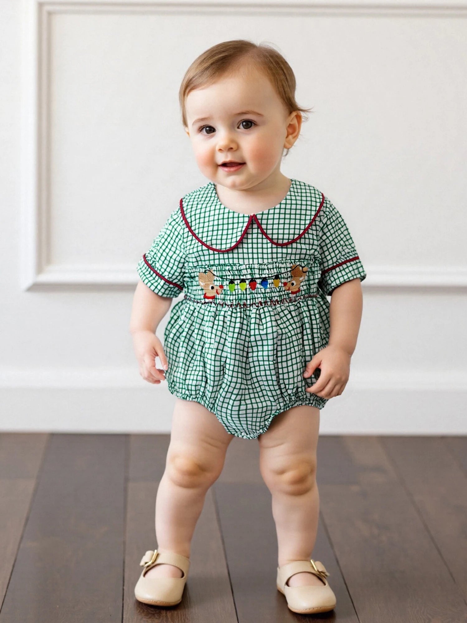 0-18M Infant Baby Girls Boys Christmas Romper Plaid Print Lamp String Embroidery Short Sleeve Doll Collar Bodysuit/Tank Jumpsuit