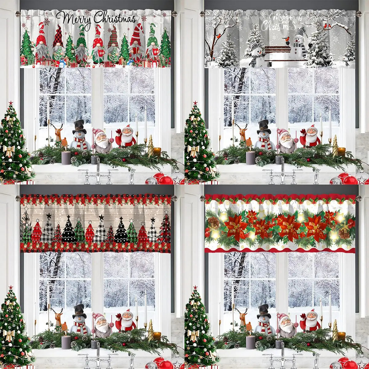 Christmas Short Curtains Valances Christmas Decorations for Home 2025 Xmas Ornaments Windows Treatments for Kitchen Bathroom