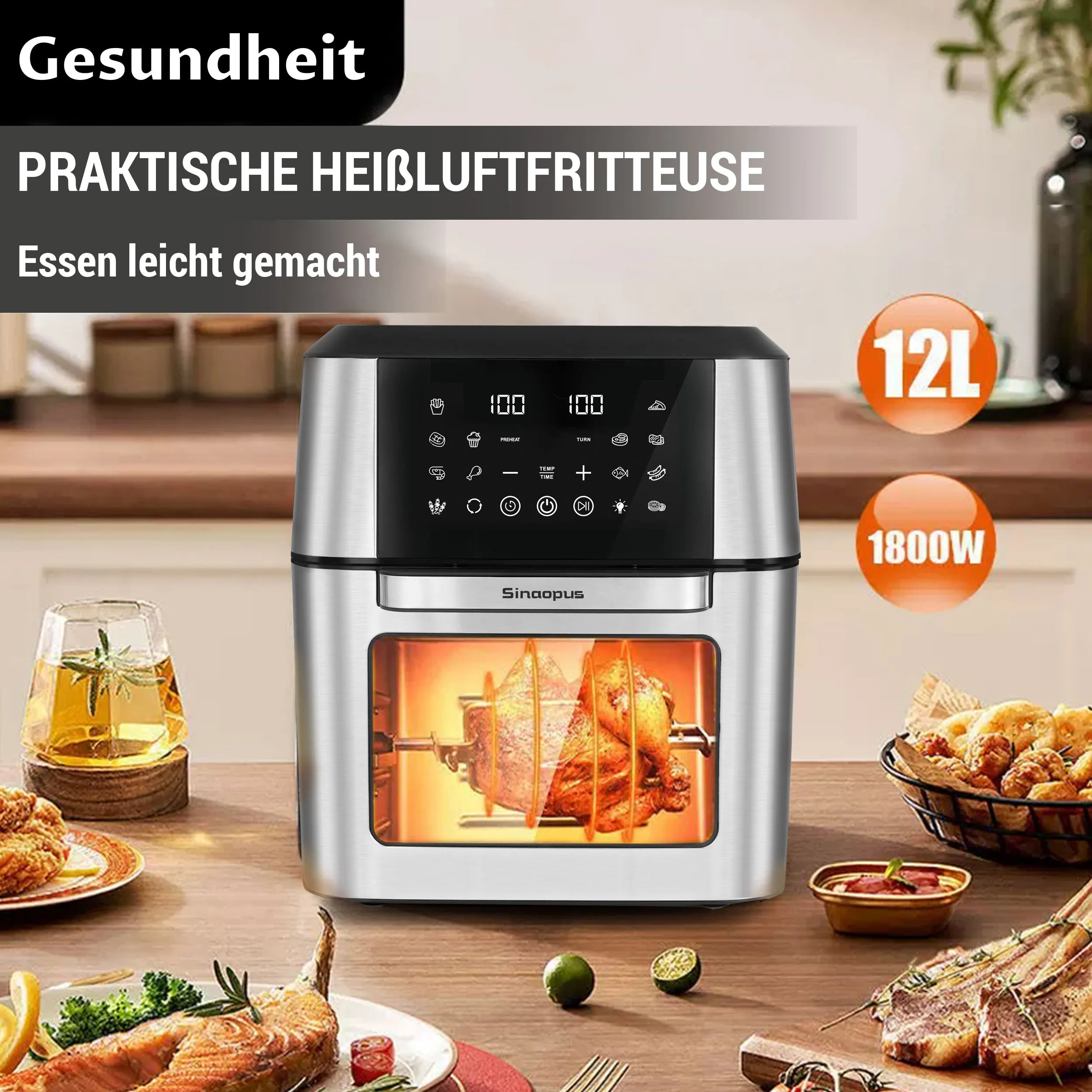 12L Air Fryer Kitchen Machine Oilless Cooker with LED Touch Control with Visible Window,Smart Hot Fryers Machine,Family Size,Top