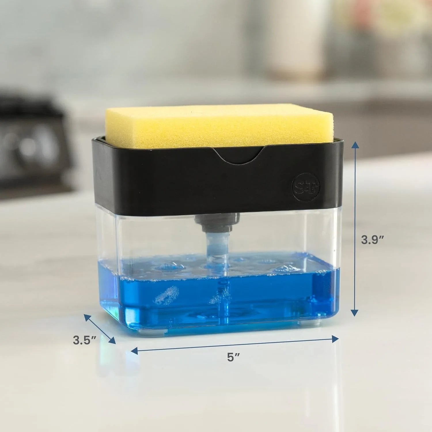 The home kitchen sink dishwashing soap dispenser with sponge holder is used for storing and dispensing liquid cleaning agents vi