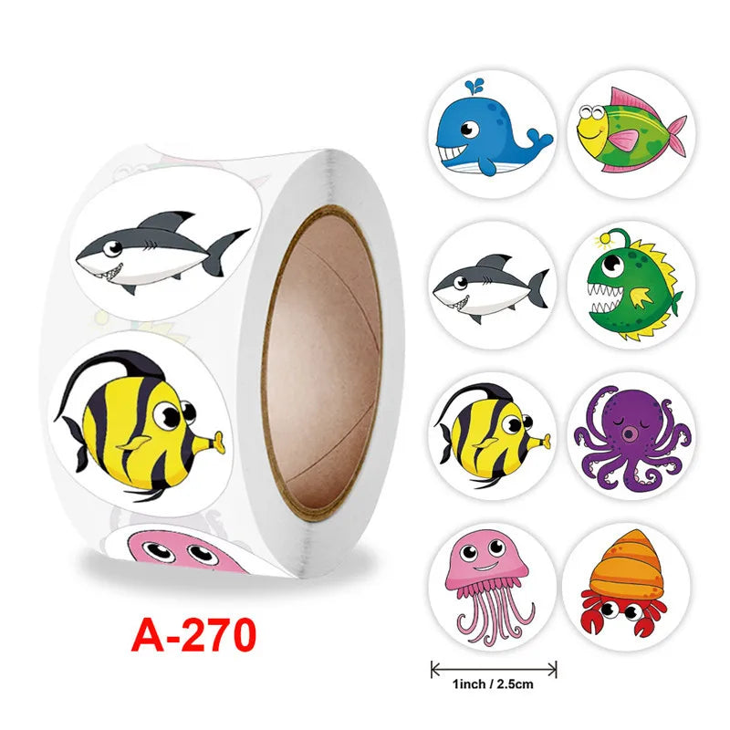 50-500 Cute Fish Thank You Stickers Kawaii Kids Sea Cartoon Sticker Roll for Christmas Gift Seal Student DIY Scrapbooking Craft
