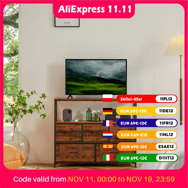 JHK cheminée meuble TV commode pour chambre à coucher avec 5 tiroirs en tissu placard de rangement poitrine vêtements rangement vitrine meubles