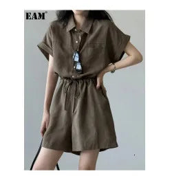 EAM Gray Pleated Big Size Casual Blazer Women New Lapel Short Sleeve Loose Fit Jacket Fashion Tide Spring Autumn 2025 30A1735