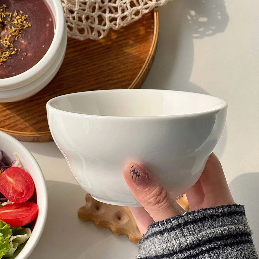 Simple White Ceramic Bowl Household Tableware Rice Bowls Breakfast Porridge Bowl Yoghurt Dessert Bowls