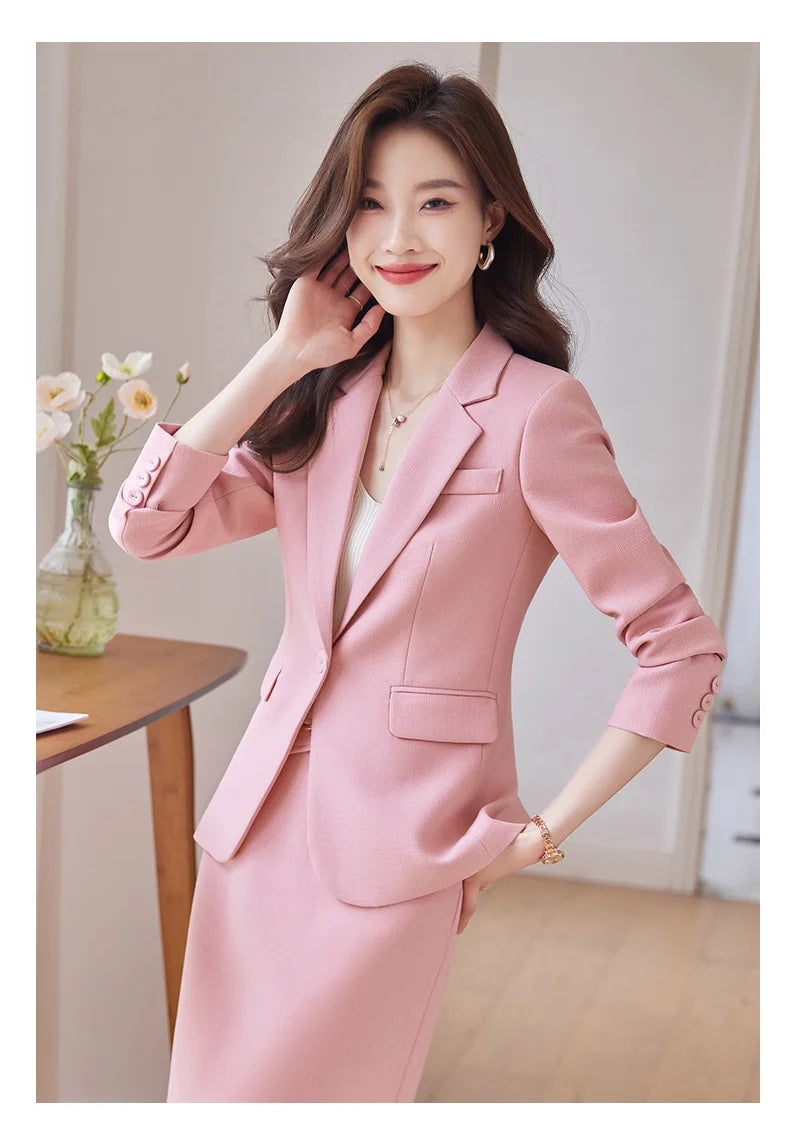 NAVIU Pink Suits Women New 2023 Autumn Fashion Temperament Professional Blazer And Skirt Office Lady Work Wear Two Piece Sets