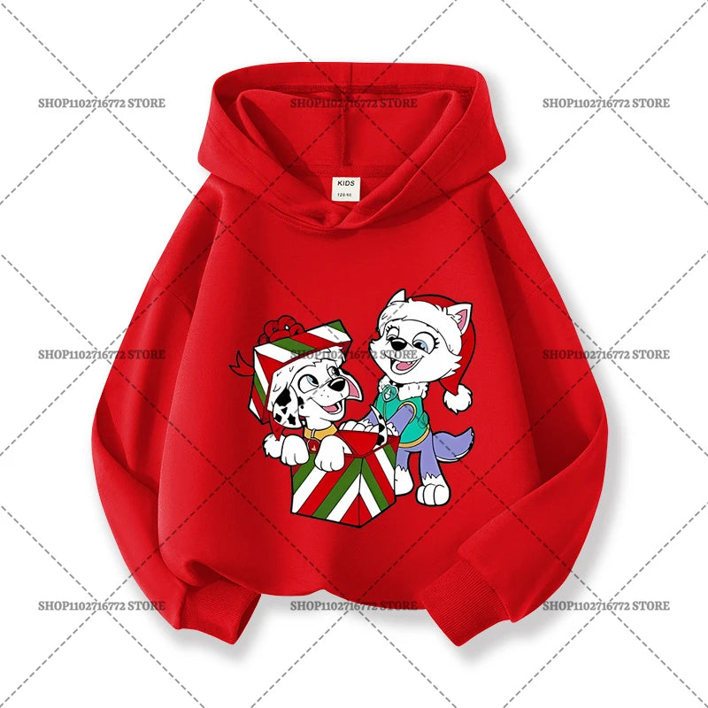 Paw Patrols Christmas Baby Hoodies Cute Anime Print Long Sleeved Child Red Top Pullover Casual Sweatshirt Kids Clothes Xmas Gift
