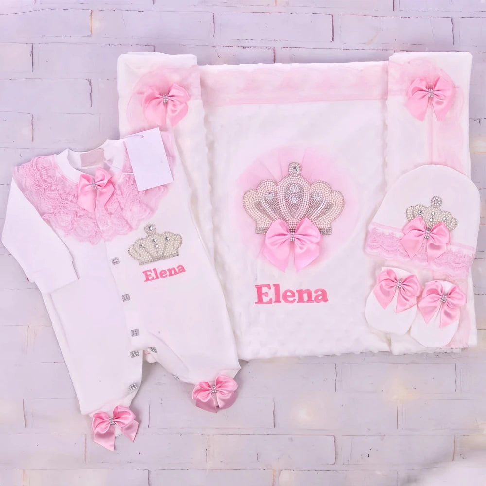 Customized Baby Name Newborn Pink Crown Jewels Gift Set 3pcs Outfits Pajamas Receiving Blanket Welcome Home Ceremonial dress