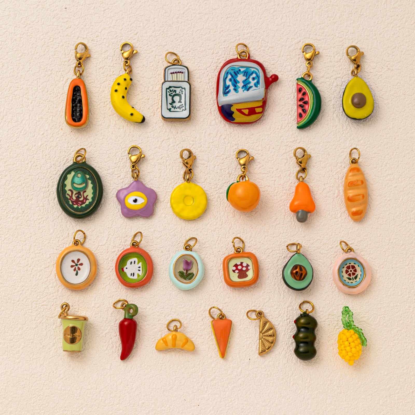 Wholesale 5pcs/lot 18K gold-plated DIY enamel stainless steel pendant, colorful fruit and food handmade jewelry accessories