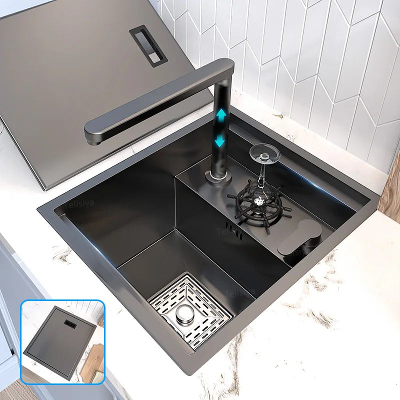 Hidden Sinks Stainless Steel Kitchen Sink Bar Small Single Slot With Lid Wash Basin Balcony Garden Campervan