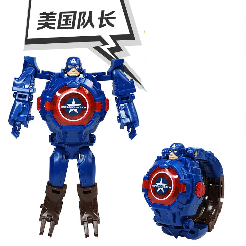 2026 Hot Marvel Iron Man Spiderman Cartoons Children's Watch Deformation Robot 3d LED Luminous Watch Children's Model Toy Watch