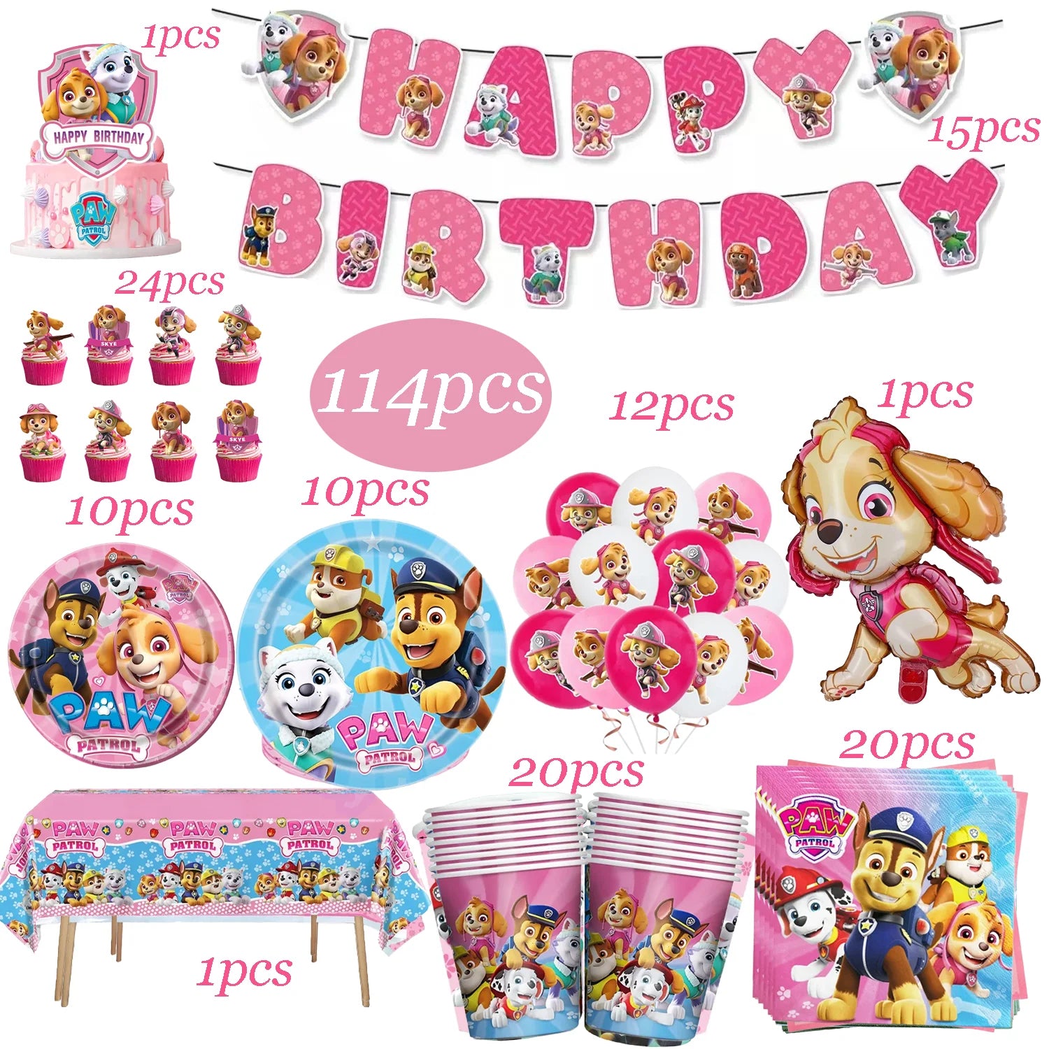 Paw Patrol Birthday Decoration Dogs Skye Disposable Set Tableware Plate Cup Tablecloth Skye Baby Shower Kids Girls Party Supplie
