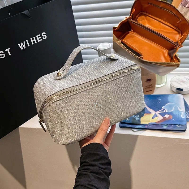 Sac à cosmétiques, grande capacité, design à paillettes fines, sac de toilette léger et pratique
