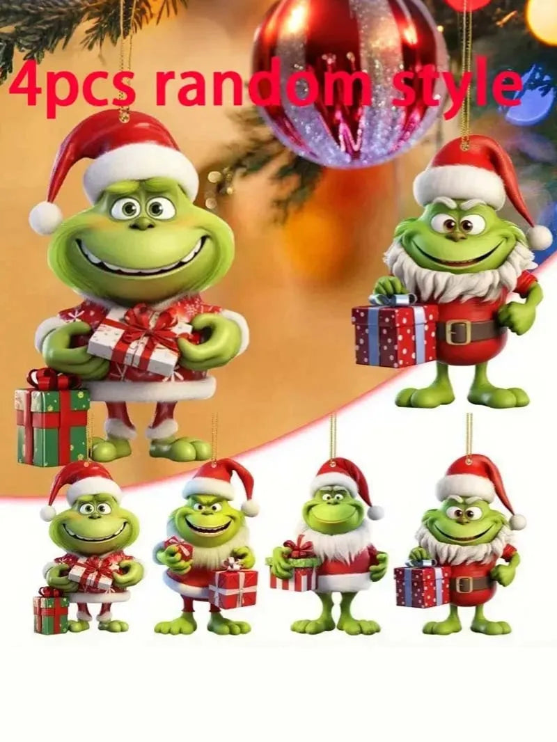 4Pc Christmas Decoration Grinch Collection: Multi-functional Ornaments for Cars, Christmas Trees, and Backpacks