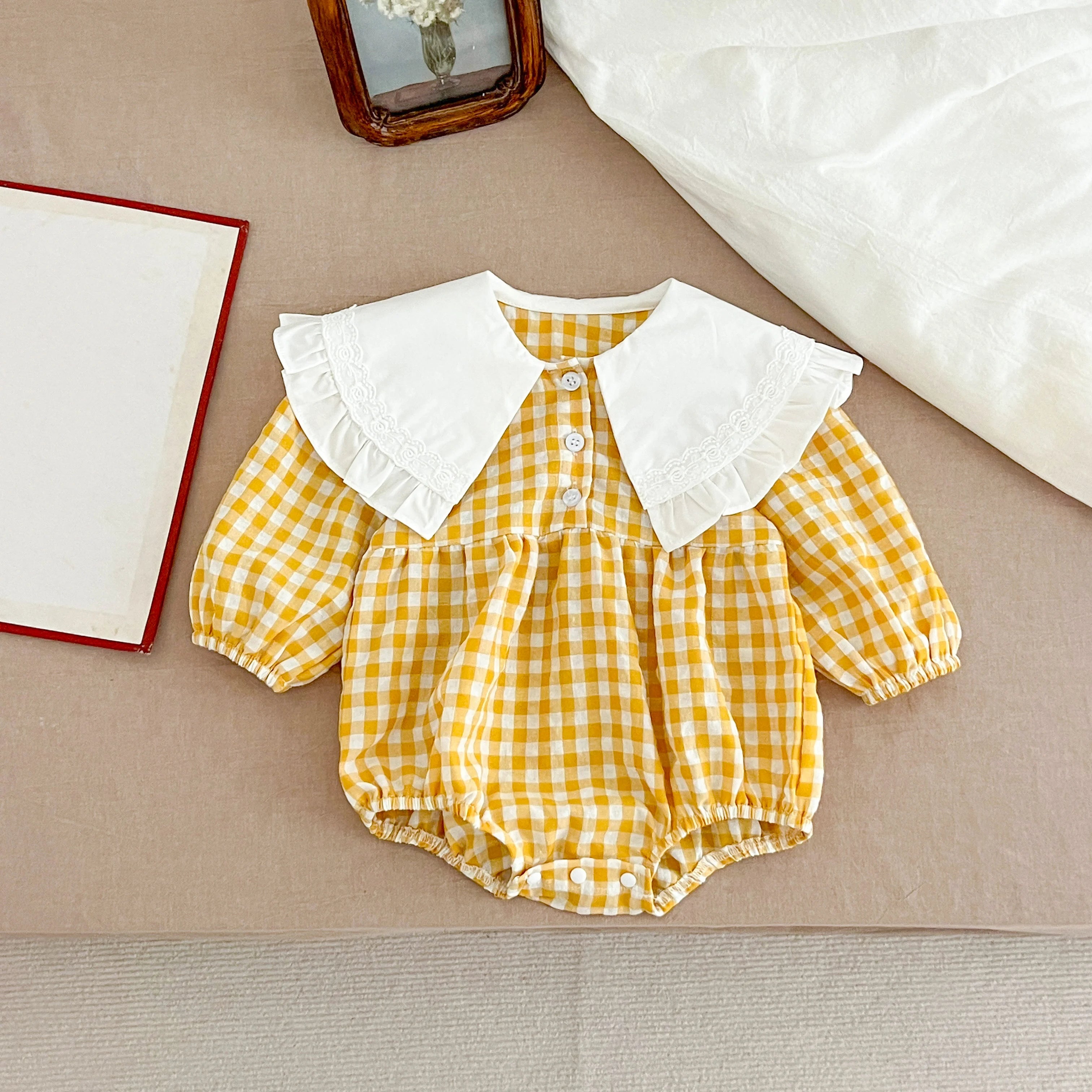 Christmas Infant Baby Girl Romper Autumn Winter Newborn Baby Girl Children Clothes Red Plaid Lapel Long Sleeved Newborn Romper