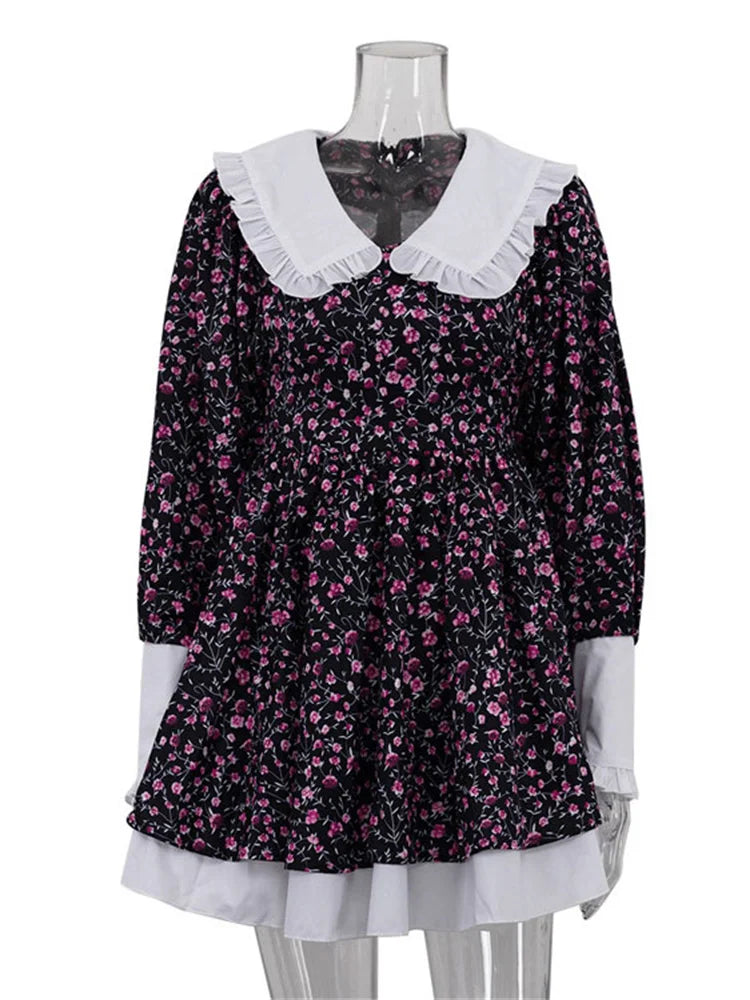 Tossy Ruffled Fashion Printed Mini Dress For Women V-Neck Patchwork Contrast Slim Long Sleeve Party Dress Female Bodycon Dress