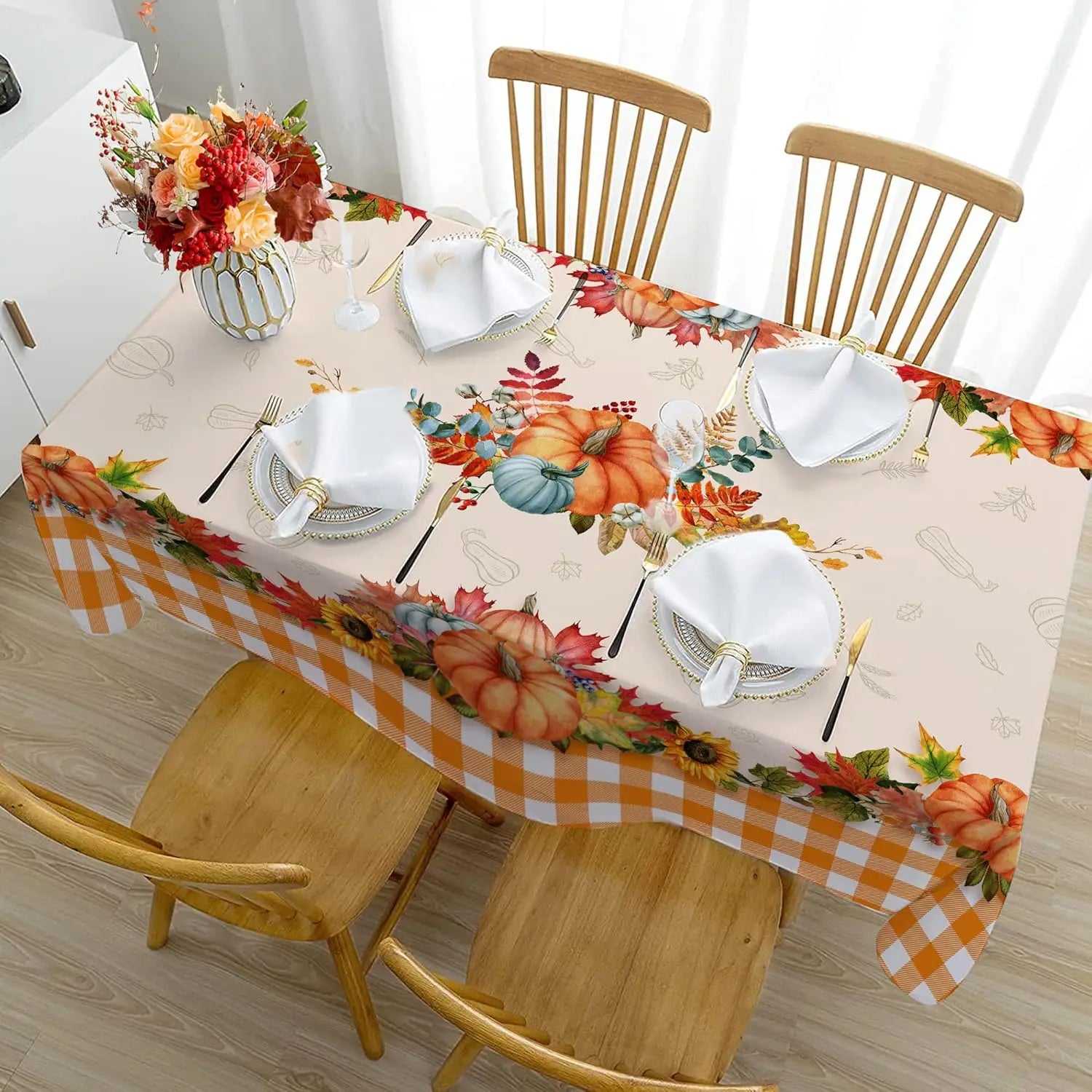 Thanksgiving Fall Pumpkins Maple Leaves Buffalo Plaid Tablecloths Autumn Orange Sunflower Table Cloth Kitchen Dining Table Decor