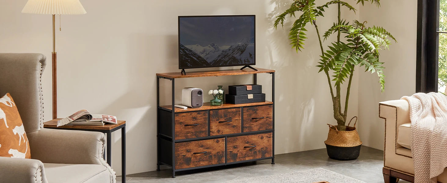 JHK cheminée meuble TV commode pour chambre à coucher avec 5 tiroirs en tissu placard de rangement poitrine vêtements rangement vitrine meubles