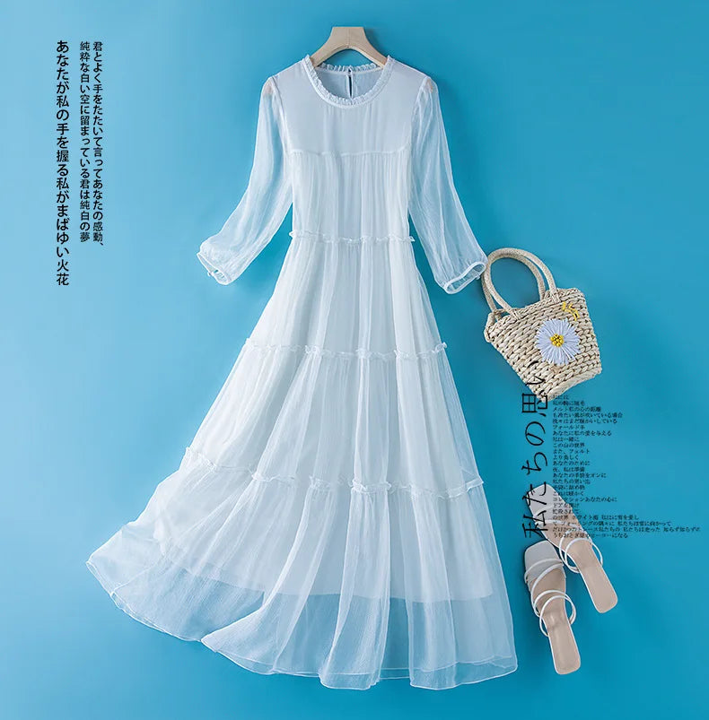 Winsleter, 100%Real Silk Elegant Dresses, Women Half Sleeve ONeck Ruched, Beach Vacation OL Dress, 2024 Summer Autumn D46910QM