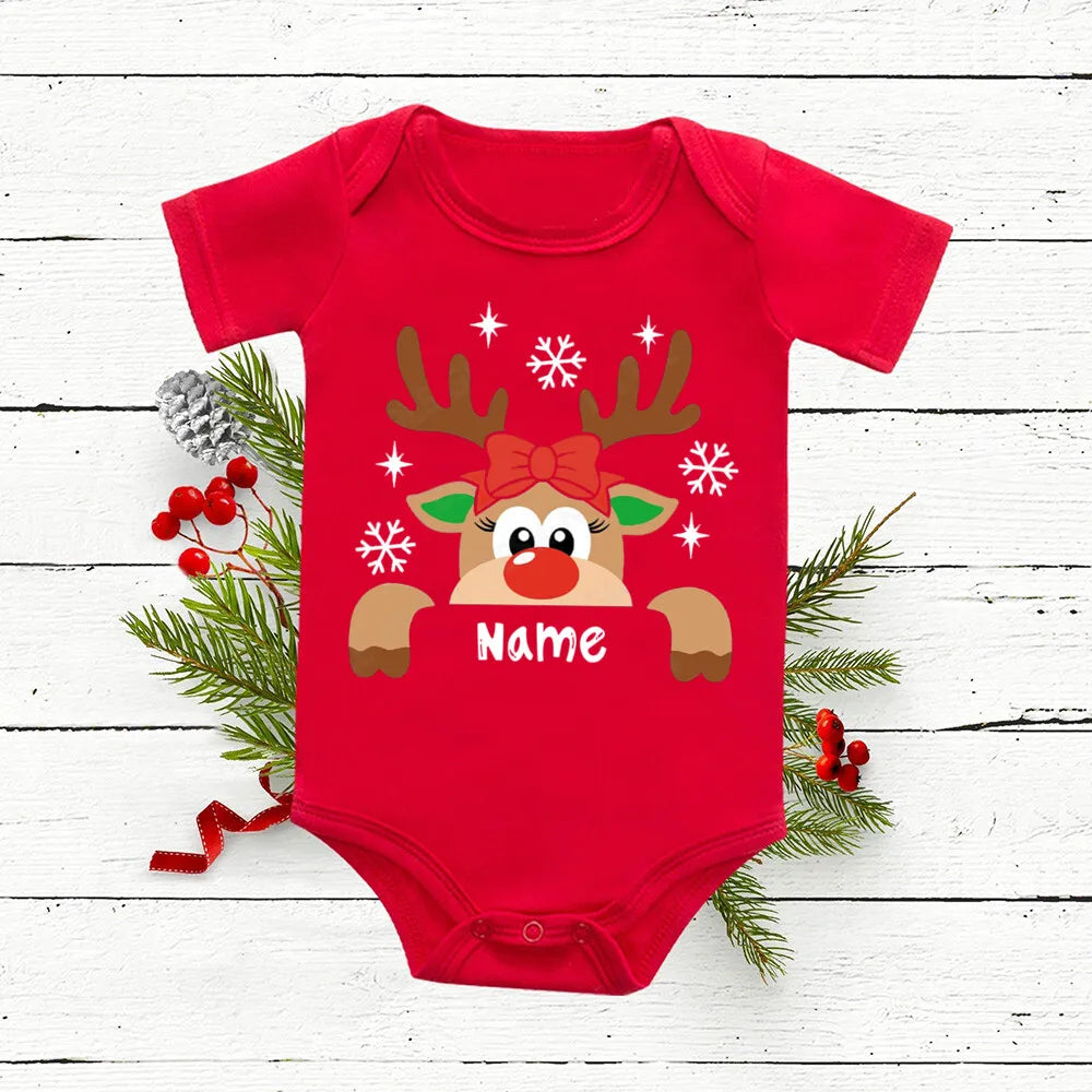 Personalized Baby Christmas Romper Deer with Name Newborn Bodysuit Infant Red Cotton Junpsuit Toddler Xmas Outfit Clothes