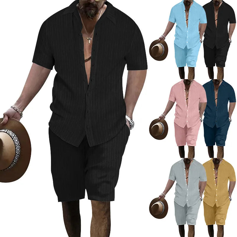 Summer European and American Style Men's Clothing Short Sleeve Cardigan Suit Men's Casual Loose Short Sleeves Shorts Beach Suit