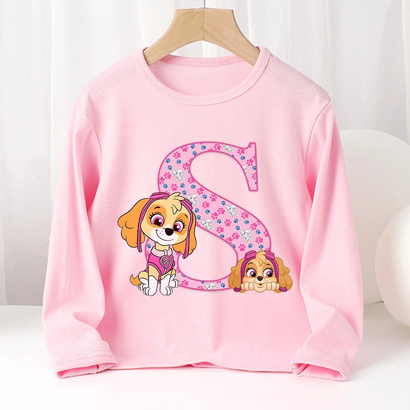 Paw Patrols Skye Letter A-Z T-shirt for Girl Long Sleeve Cotton Tops Cute Cartoon Print Children Tee Autumn Casual Kids Clothes