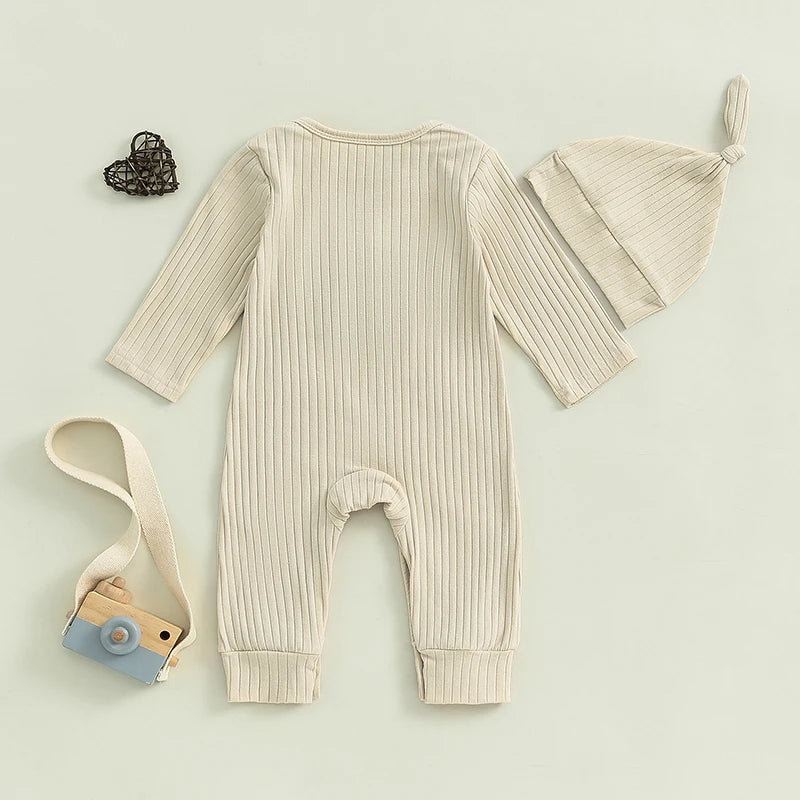 Pudcoco Infant Newborn Baby Boy Bodysuits Letter Embroidered Ribbed Long Sleeve Round Neck Fall Jumpsuits Hat Outfits 0-18M
