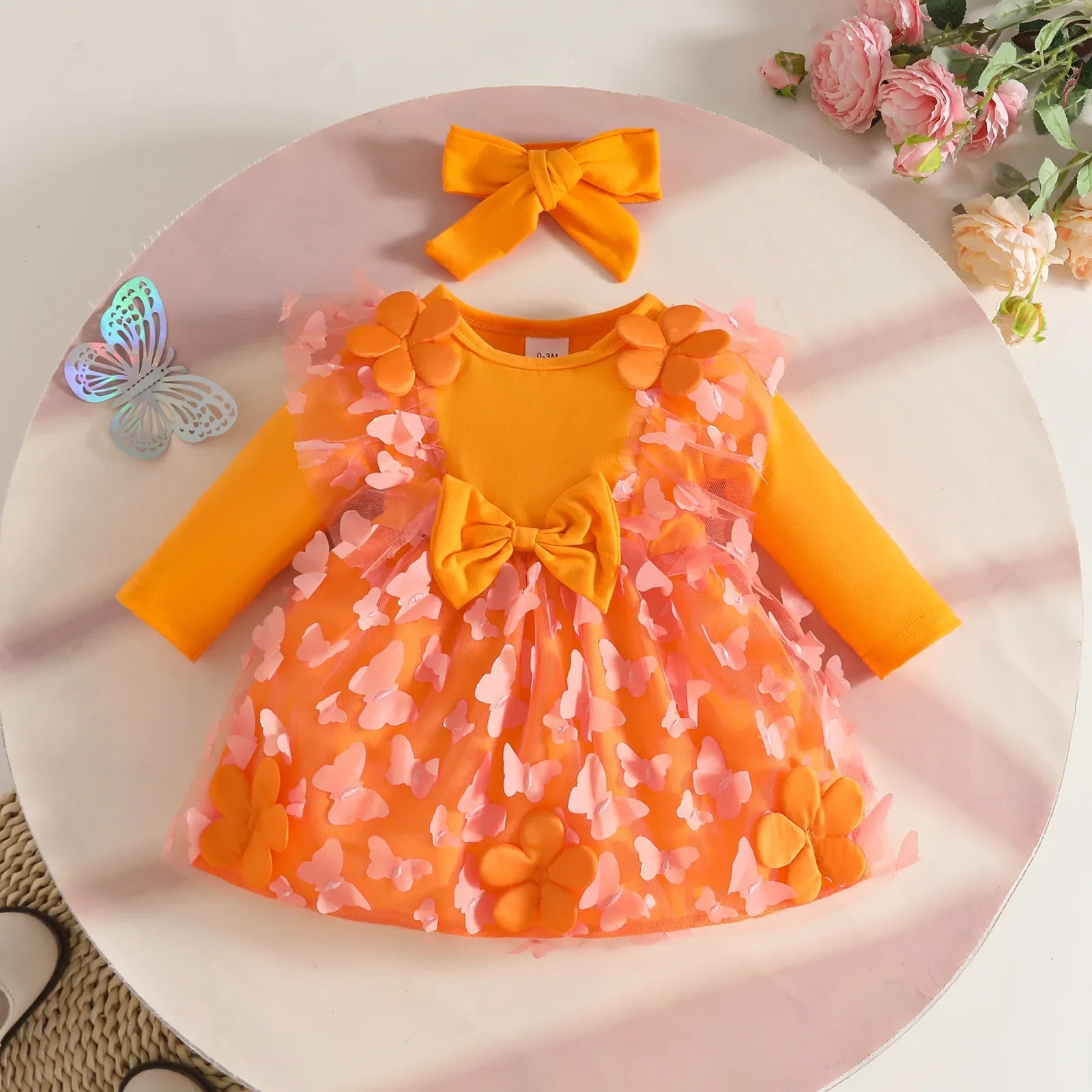 0-2Y Baby Girl Clothes 2Pcs Set Butterfly Tulle Patchwork Bow Baby Dresses for Newborn Girls and Headband Princess Party Outfit