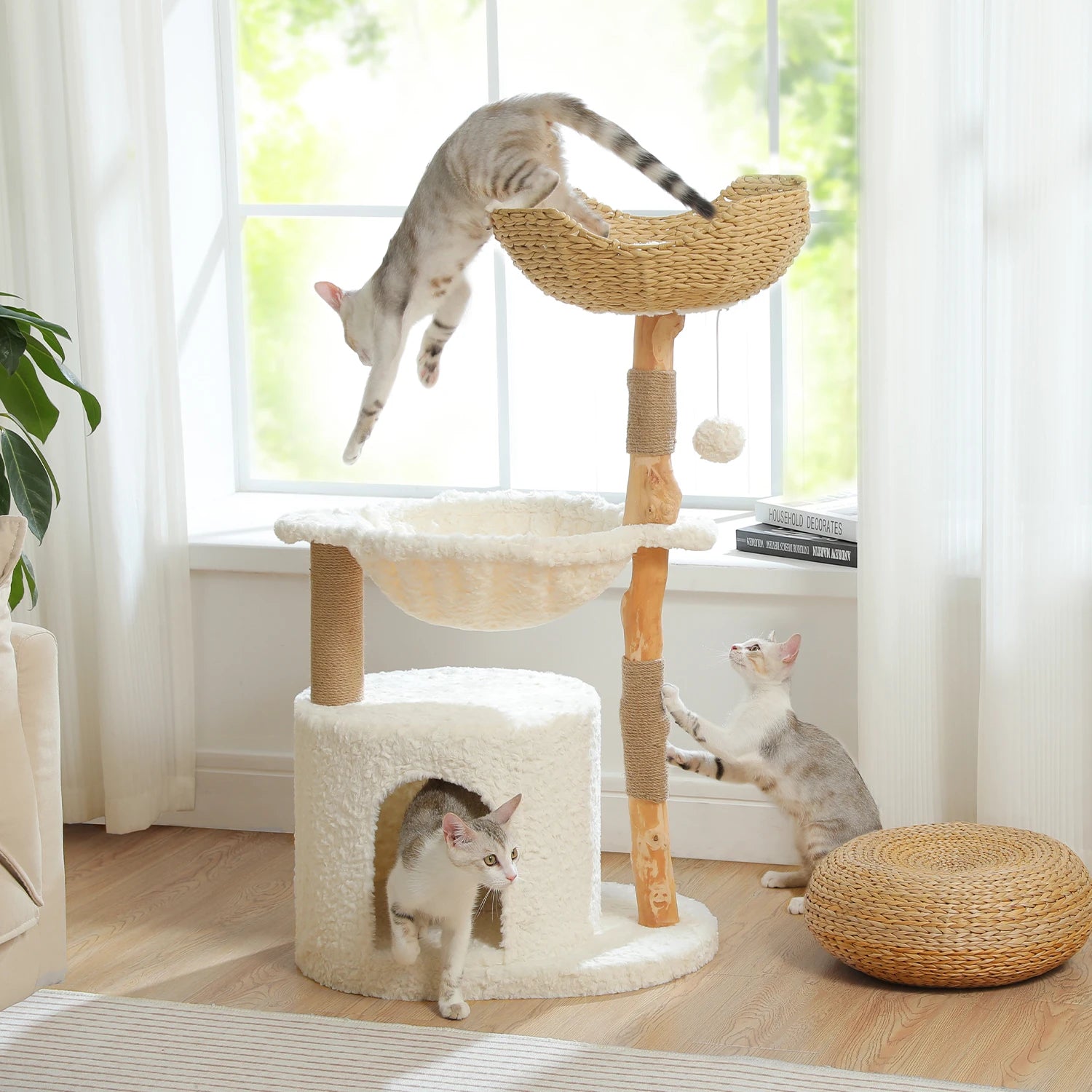Modern Cat Tree Tower with Natural Solid Wood Scratching Posts Spacious Wicker Basket Luxury Cat Condo Bed for Indoor Cat Toys