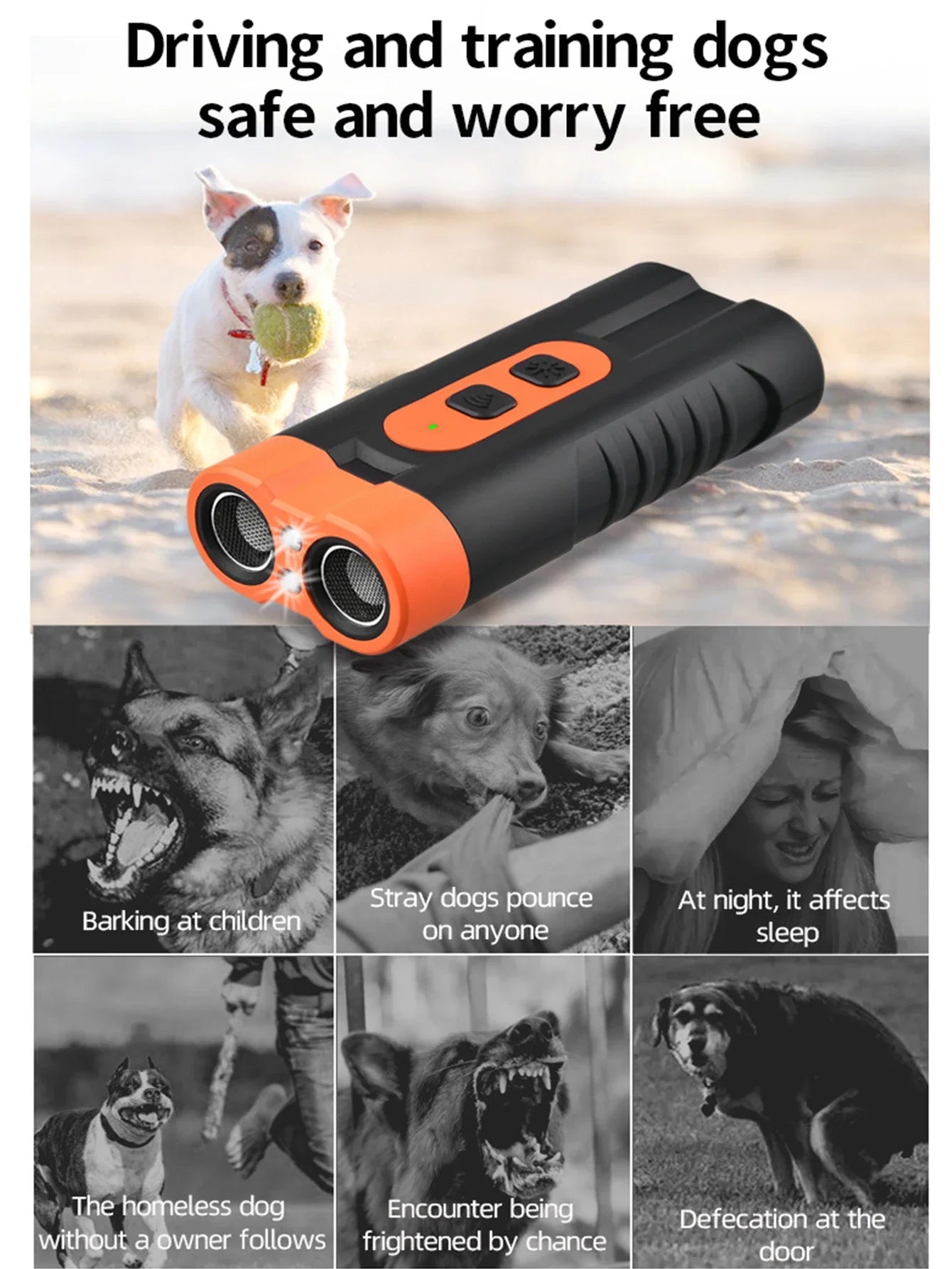 New Dual Head Ultrasonic Dog Repeller USB Rechargeable Dog Training Device High-Power Anti Bark Device with LED Flashlight