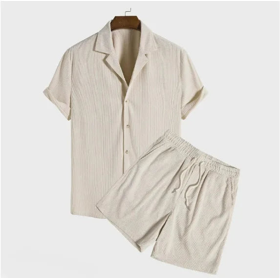 Men Casual Knitted Two Piece Sets 2024 Europe Style Mandarin Collar Blouse and Solid Basic Shorts Suit Male Beach Tracksuits Set