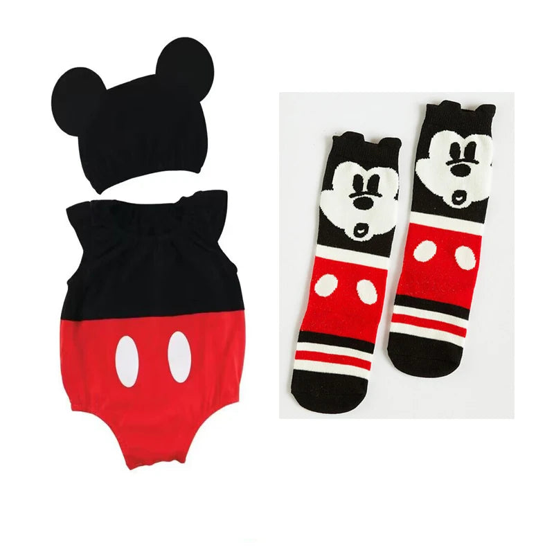 Summer Baby Boy Girl Newborn Romper Hat Short Skirt Sock 3 PCS Set Cartoon Mickey Minnie Infant Clothing Bebe Cotton Jumpsuits