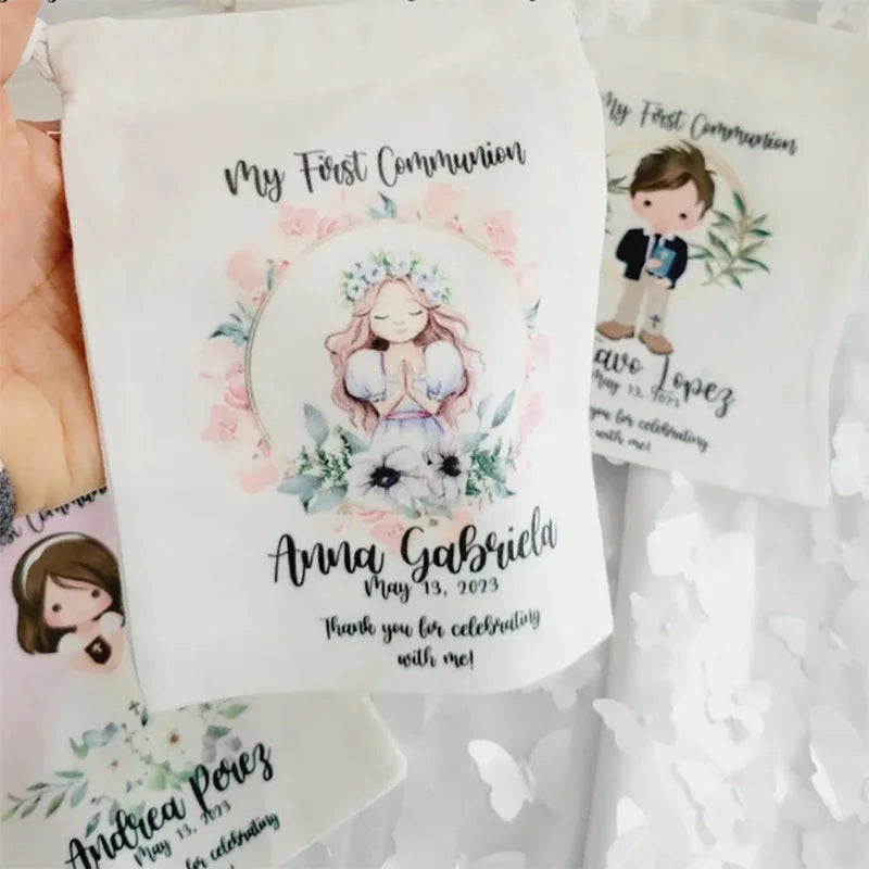 5pcs Personalized boy girl 1st First Holy Communion party bags Baptism Confirmation Religious decoration welcome thank you favor