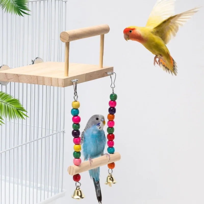 Parrot Toys New Swing Toy Wooden Bird  Perch Stand Playstand With Chewing Beads Playground for Budgie Birds Accessories for Cage
