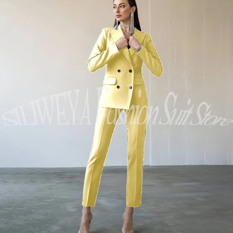 Fashion Chic Burgundy Red Purple Women Suit Double Breasted 2 Piece Jacket Pants Blazer Set Slim Fit Office Lady Female Clothing