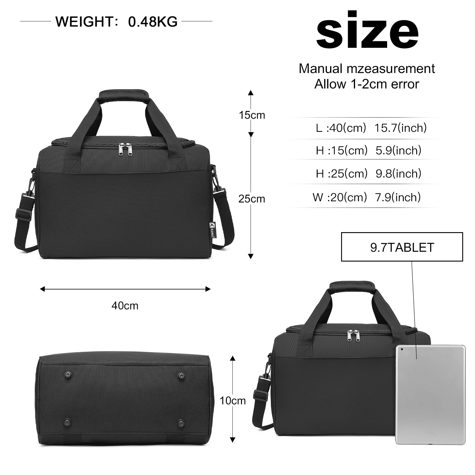KONO 40x20x2 5 hand luggage bag for Ryanair, travel bag for airplane, men and WOMEN'S Weekender, maximum size with