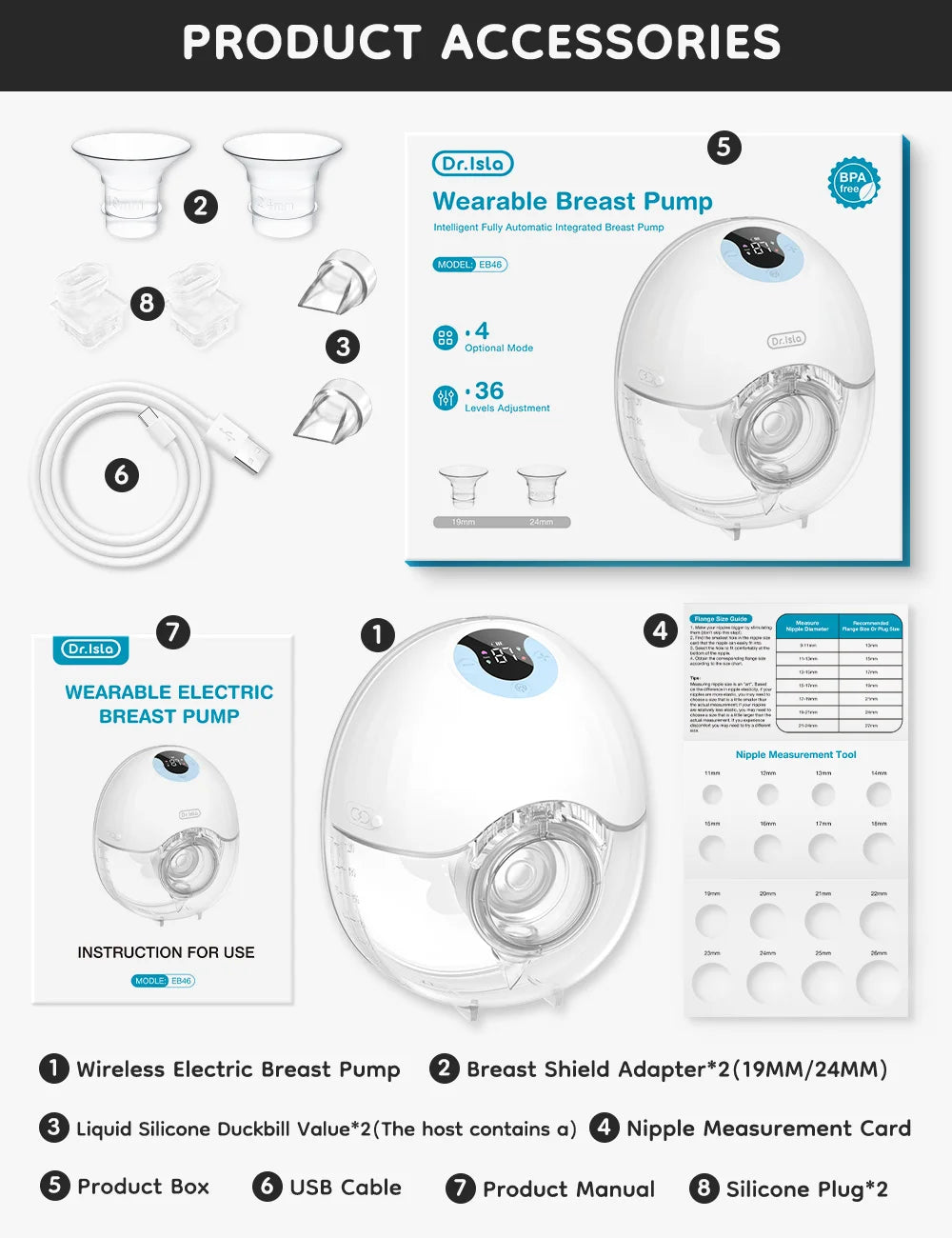 Wearable Electric Breast Pump 4 Modes 36 Suction Levels Hands-Free Milk Collector with 19/24mm Flange for Comfortable Feeding