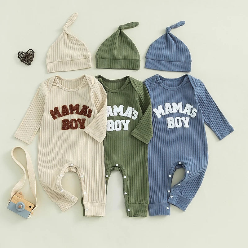 Pudcoco Infant Newborn Baby Boy Bodysuits Letter Embroidered Ribbed Long Sleeve Round Neck Fall Jumpsuits Hat Outfits 0-18M