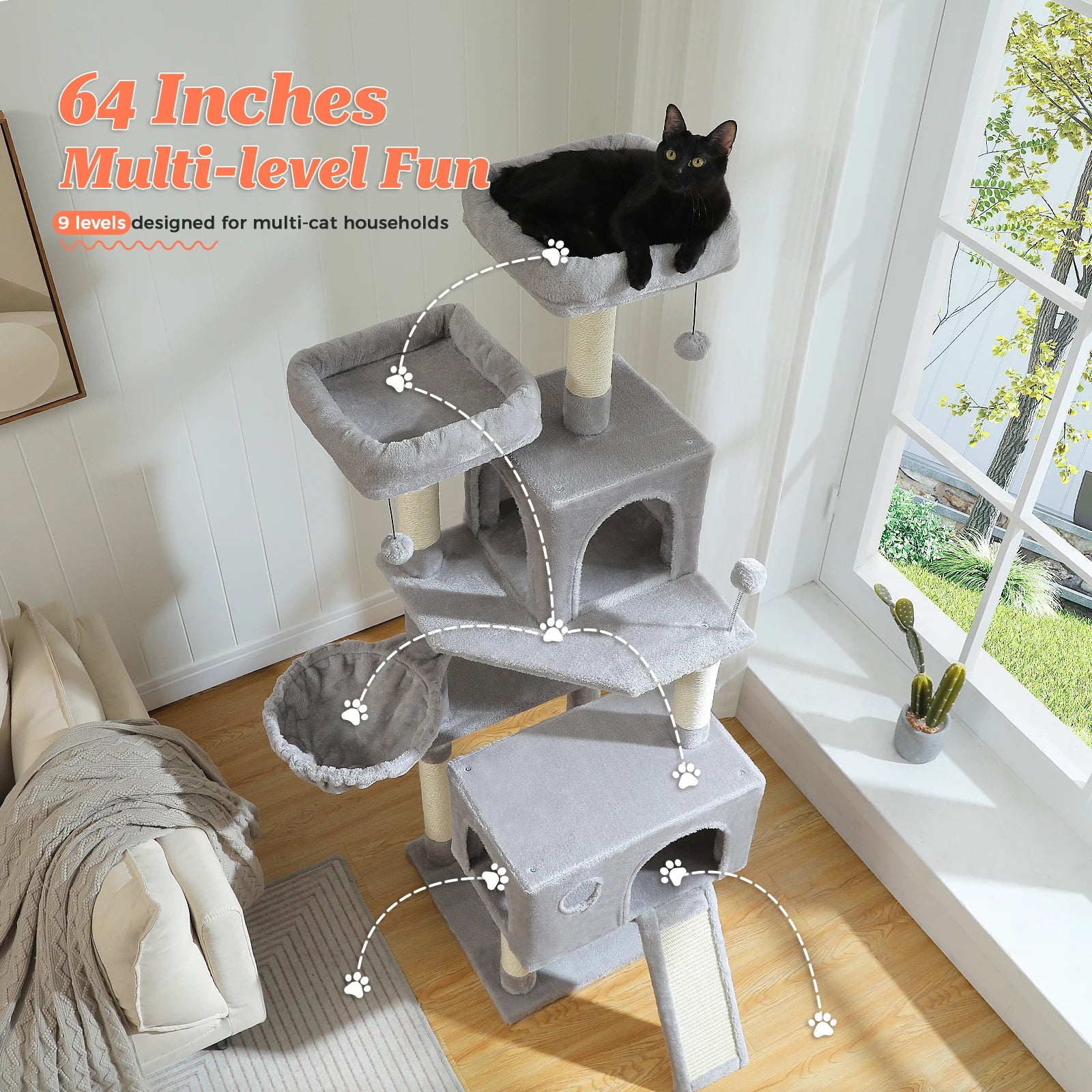 Stable&Safe Multi-Level Cat Tree Tower with Cozy Condo,Scratching Posts&Boards,Perches,Hammock,Pompoms for Active Cats,Cat Toys