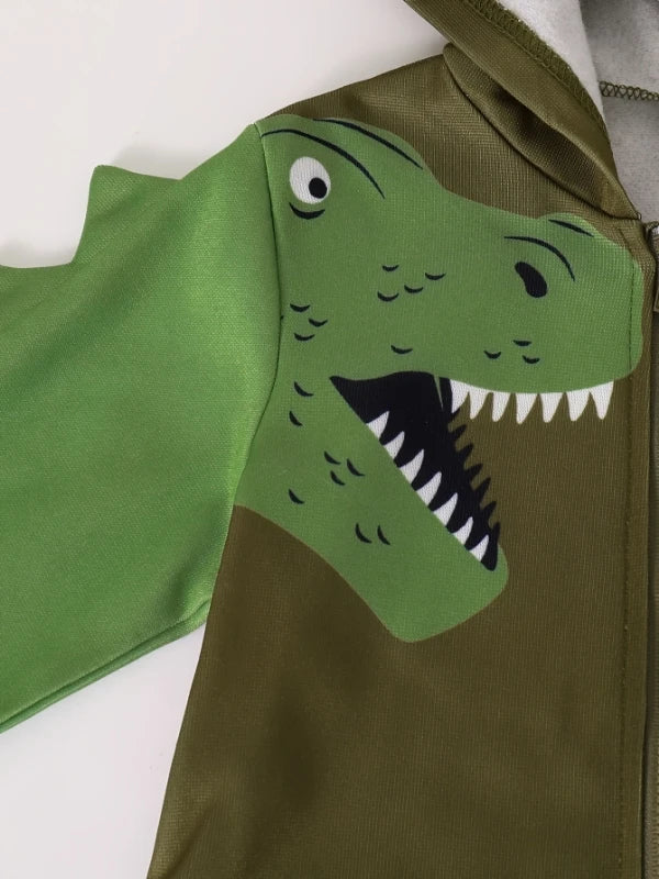 Spring Autumn Baby Boy Dinosaur Print Long Sleeve Hooded Jacket And Trousers Cute Two-Piece Set for Toddlers And Infants