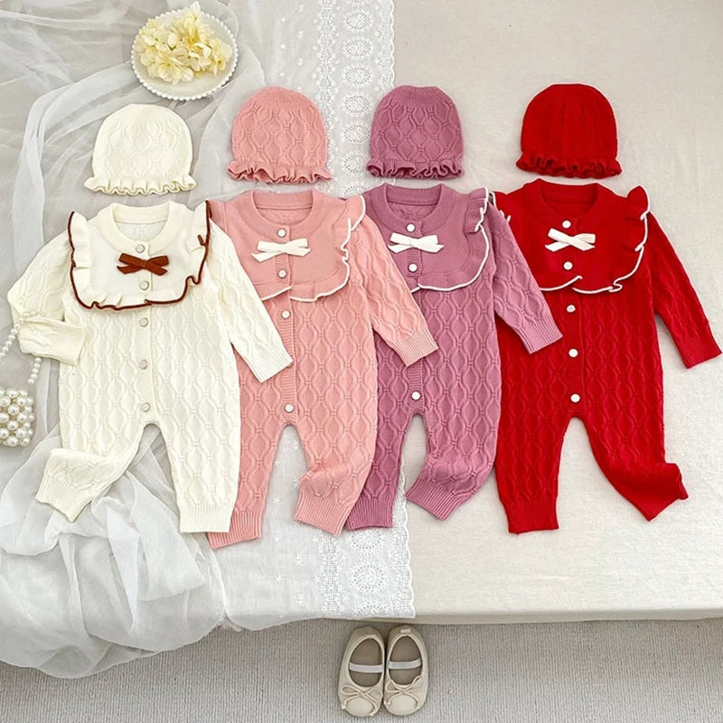 Christmas Baby Rompers Clothes Hat Autumn Winter Knitted Bow Newborn Girls Jumpsuits Fashion Solid Plain Toddler Kids Rompers