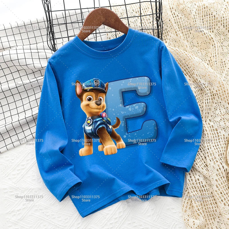 Cute PAW Patrol T-shirt Letter A-Z Print Top Long Sleeve Fashion Summer Boys Clothes Cartoon Kids Birthday Gift Outdoor Wear Tee