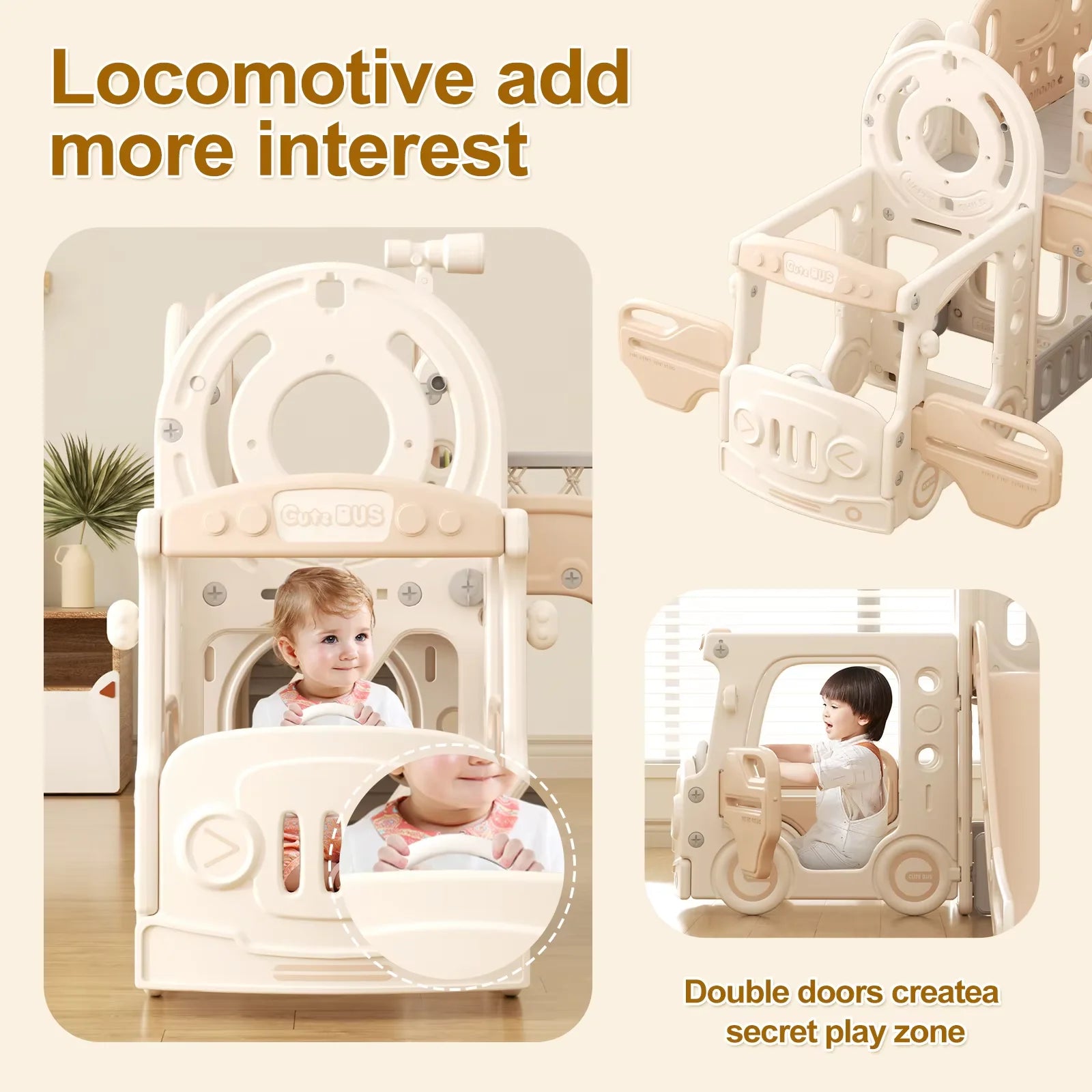 8 in 1 Children's Slide Mini Bus 2M HDPE Garden Slide - with Handrail Anti-Slip Gardens Tunnel Storage Space Indoor/Outdoor