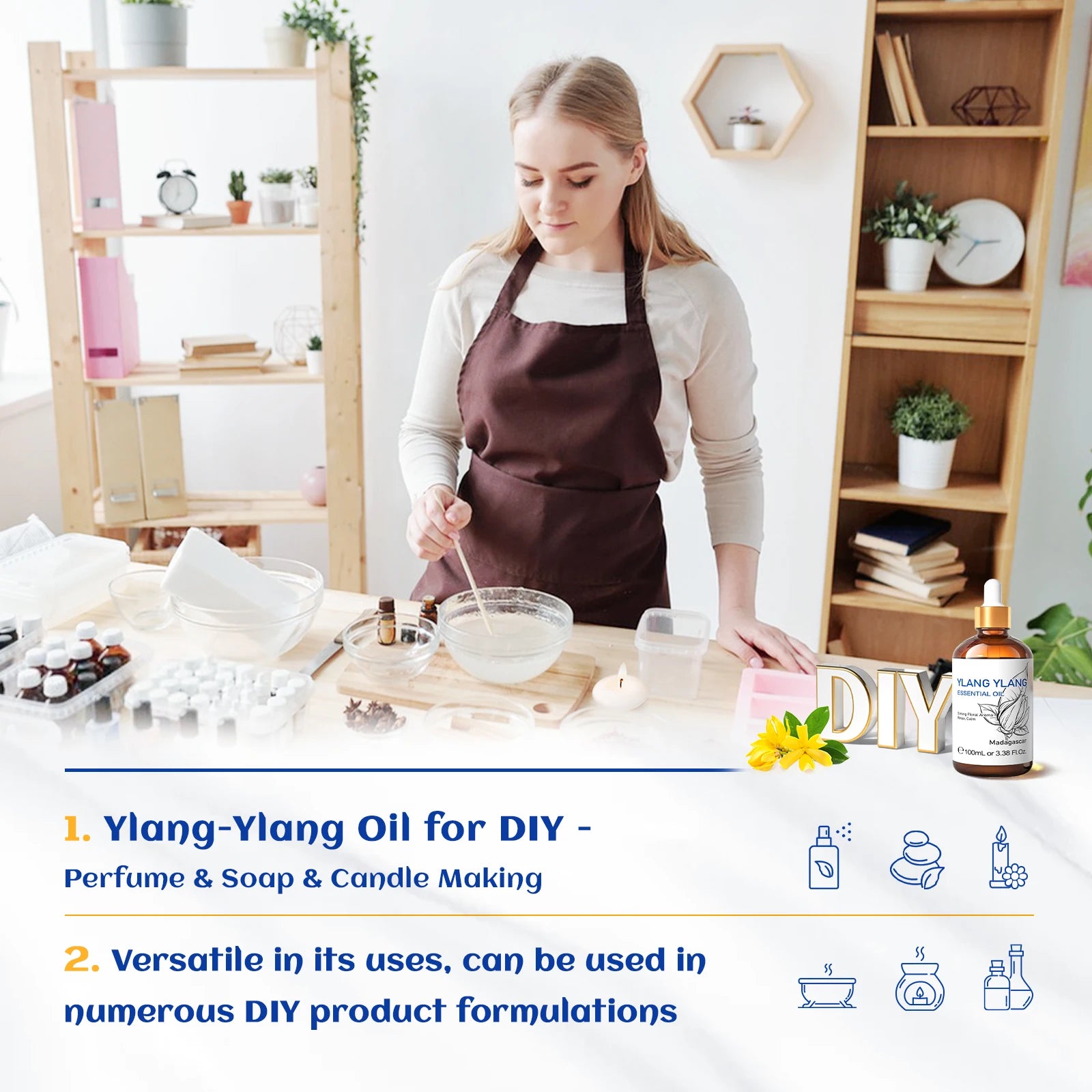 HIQILI Ylang-Ylang Essential Oil 100ML Citronella Geranium 100% Natural Tree Oil for Skin Massage Stress Relief & Aromatherapy