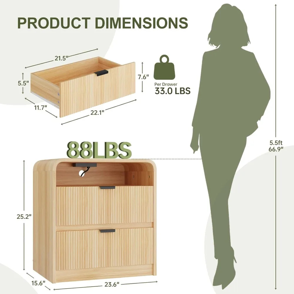 Table de chevet cannelée avec station de recharge, table d'appoint en bois avec 2 tiroirs de rangement, design à profil incurvé, armoire de chevet moderne