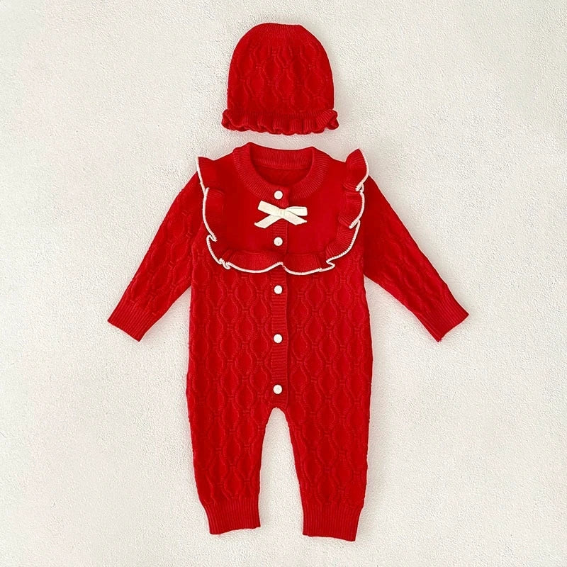 Christmas Baby Rompers Clothes Hat Autumn Winter Knitted Bow Newborn Girls Jumpsuits Fashion Solid Plain Toddler Kids Rompers