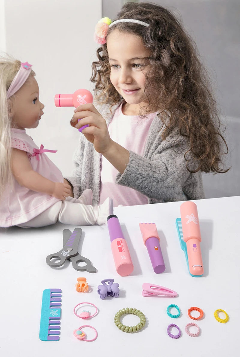 Kids Wooden Makeup Haircut Toy Beauty Fashion Salon Playset Games Combs Hair Dryer Pretend Play House Barber Makeup Kit Girl Toy