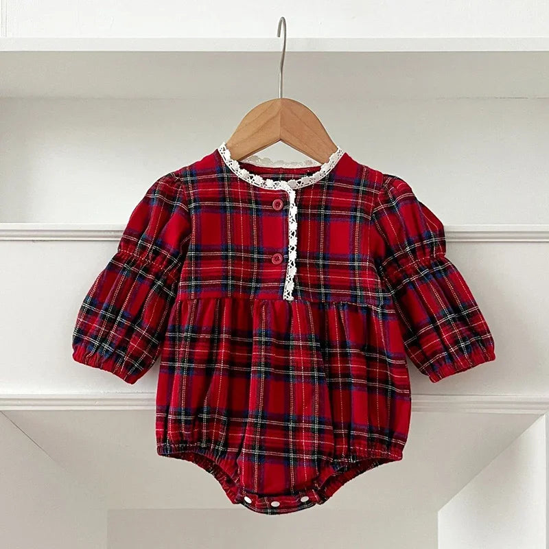 Christmas Infant Baby Girl Romper Autumn Winter Newborn Baby Girl Children Clothes Red Plaid Lapel Long Sleeved Newborn Romper