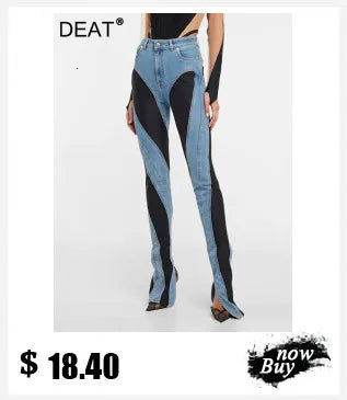 DEAT Fashion Splicing Silhouette Curved Jeans Women's High Waist Loose Wide Leg Denim Pants Autumn New 7A1005