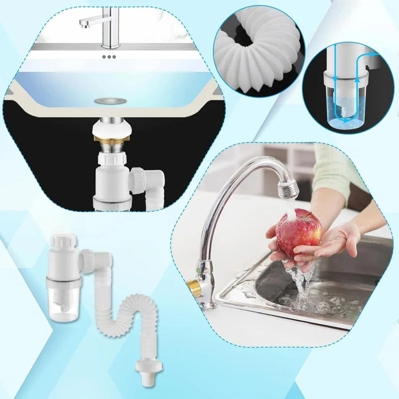 Flexible P-Trap for 30-32mm Drain Pipes Kitchen Sink Washbasin Drainage Pipe Insect-proof Odor-proof Blockage-proof Leak-proof